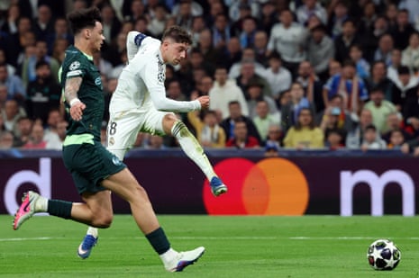 Real Madrid's Uruguayan midfielder #08 Federico Valverde scores his second goal.