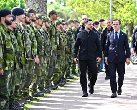 Swedish prime minister Ulf Kristersson receives Ukrainian President Volodymyr Zelenskyy during his visit at the F16 air flotilla in Uppsala, Sweden.