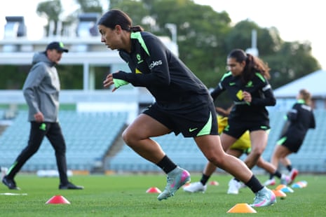 Sam Kerr warms up during a Matildas training session at HBF Park in Perth
