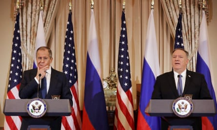 Sergei Lavrov and Mike Pompeo hold a joint news conference at the state department. Lavrov also met with Trump.
