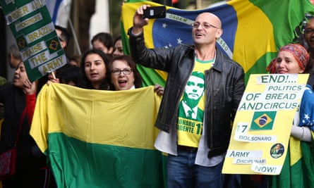 Supporters of candidate Jair Bolsonaro, of the Social Liberal Party in Brazil’s general election outside the Embassy of Brazil in London.