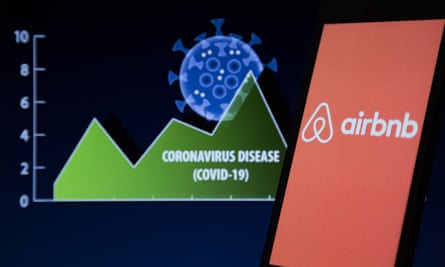 Airbnb logo over coronavirus graph