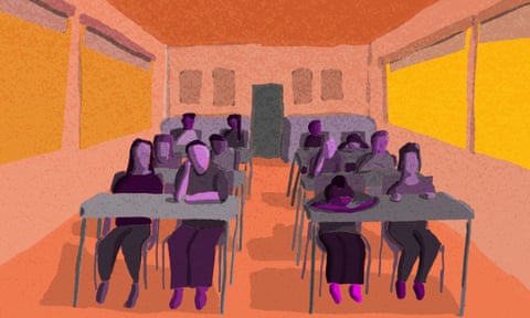 Illustration of students in a very hot classroom.