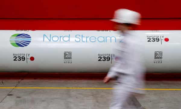 The logo of the Nord Stream 2 gas pipeline project on a pipe
