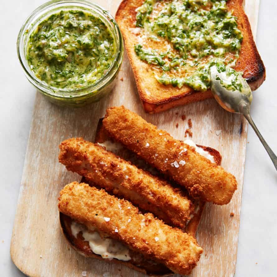 Fish finger sandwich with Nordic dill salsa by Signe Johansen.