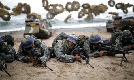 South Korean marines take part in a US-South Korea joint landing operation drill. Details of joint military drills were believed to be among documents hacked by North Korea.