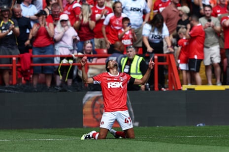 Harvey Knibbs of Charlton Athletic celebrates scoring his team's first goal against Watford.