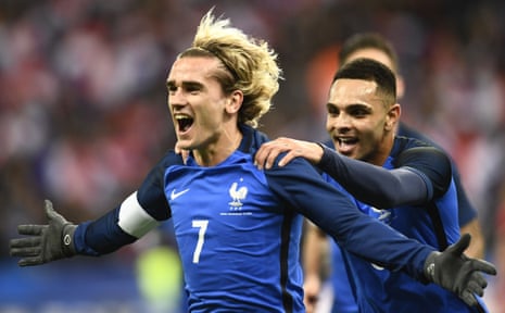 Antoine Griezmann celebrates after opening the scoring for France against Wales at the Stade de France.