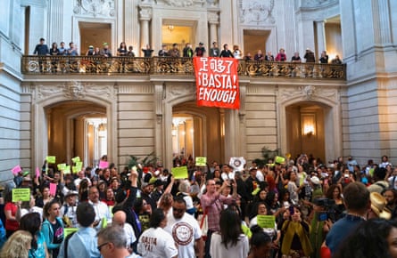 Hispanic groups storm San Francisco City Hall to protest the proposed Mission housing project supported by Trauss and the yimbys.