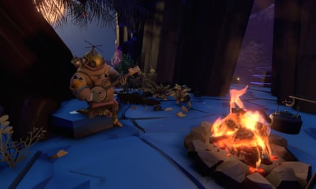 Screenshot of Outer Wilds of a robot playing a banjo by a camp fire