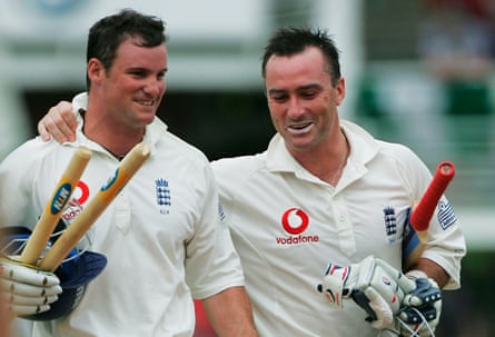 Graham Thorpe (right) with Andrew Strauss as England celebrate a Test victory in South Africa in December 2004.
