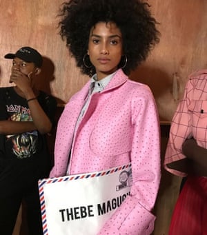 Bold colours and themed bags Imaan Hammam backstage at Thebe Magugu’s “Gender Studies” SS18 show