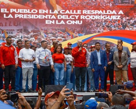 Venezuela’s interior minister Diosdado Cabello, with microphone, addressing a crowd during a march in support of Delcy Rodríguez