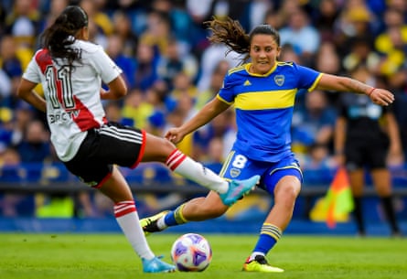 Football-mad girls in Brazil can dream big but problems linger amid progress | Soccer 3 Agustina Arias (right) of Boca Juniors tries to find a way past River Plate’s Carolina Birizamberri on Sunday