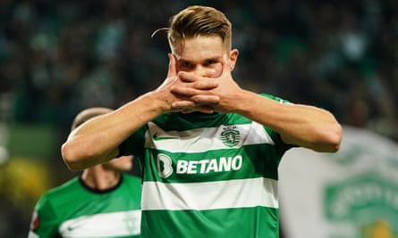Viktör Gyokeres celebrates after scoring a goal in Sporting’s Europa League match against SK Sturm Graz