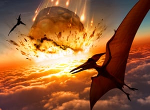 An asteroid strikes Earth as flying reptiles look on. Somehow the solenodon survived this.