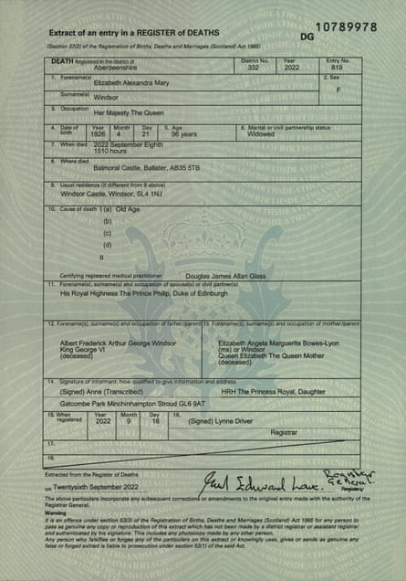The Queen’s entry in the register of deaths.