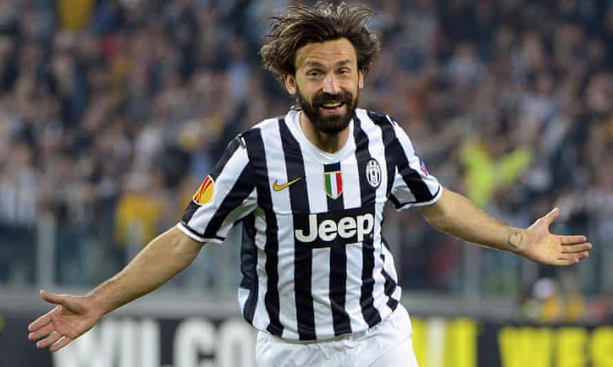 Andrea Pirlo celebrates after scoring for Juventus in the Europa League quarter-final against Lyon in April 2014