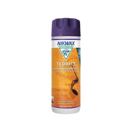 A purple-capped bottle with an orange label reads “TX.Direct Wash-In waterproofer”