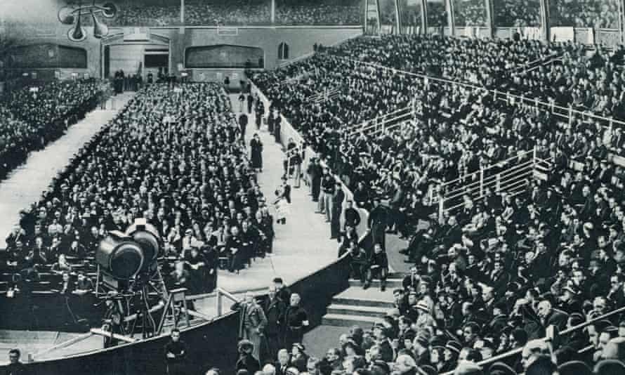 Thousand attend a Blackshirts rally to hear Oswald Mosley speak at Olympia Stadium, London, in June 1934.