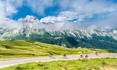 Cyclists tackle a route in the Pyrenees national park, France.