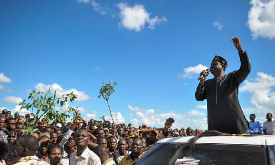 Opposition leader Raila Odinga gives an address