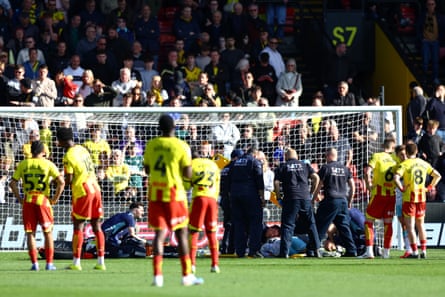 Charlton’s Conor Coady receives medical treatment on the pitch after being struck in the face by the ball
