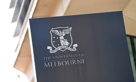 General view of signage for the University of Melbourne in Melbourne with the university crest