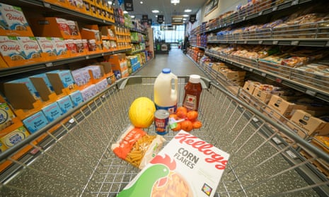 A shopping trolley is filled with groceries at the Tarleton Aldi store near Preston.