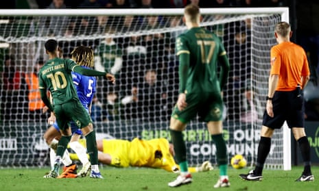 Morgan Whittaker of Plymouth Argyle scores a goal to make the score 3-3 against Birmingham City.