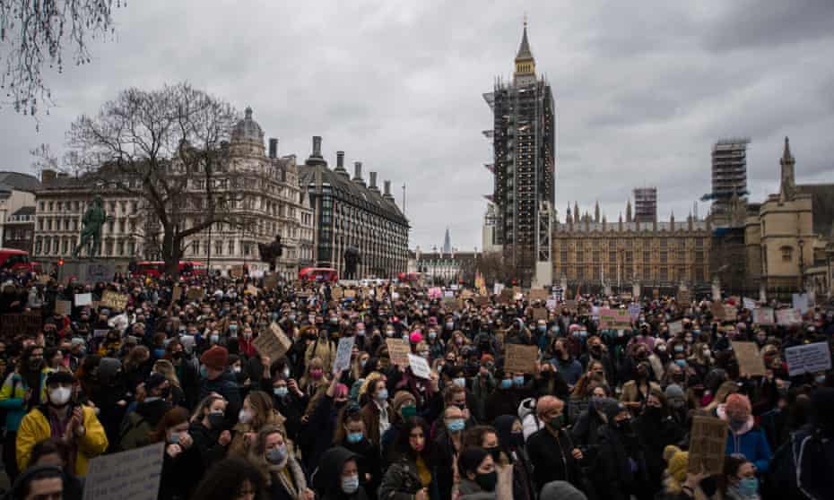 Protesters demonstrate in Parliament Square, London, on 14 March against police handling of the Sarah Everard vigils.
