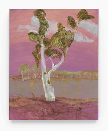 A painting of a strong grey gum tree with green leaves, standing by a body of water in front of a pink sky