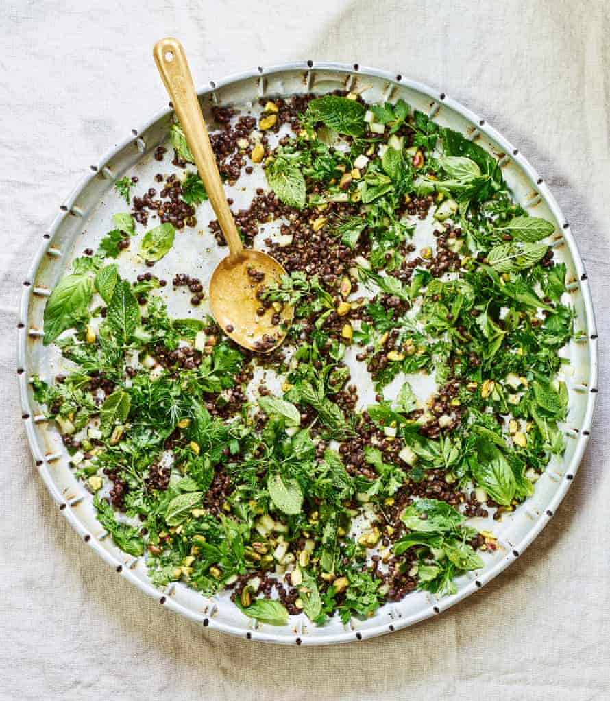 Anna Jones’ herb salad with pistachios, lime and lentils.