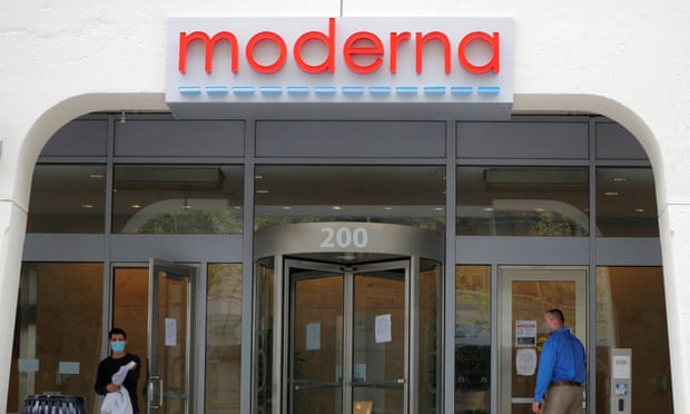 A sign marks the headquarters of Moderna in Cambridge, Massachusetts.