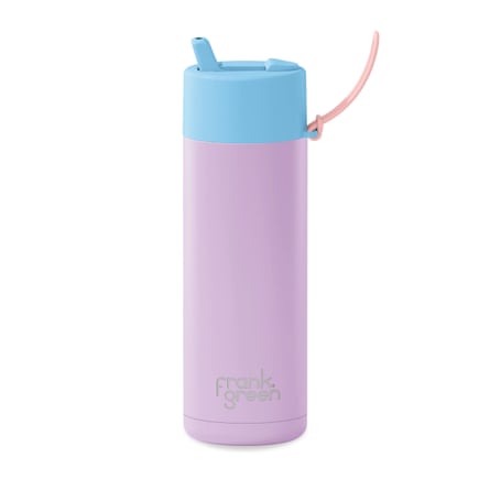 Pink ceramic drinking bottle with blue lid