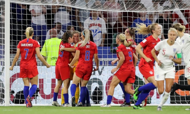 US goalkeeper Alyssa Naeher is congratulated by her teammates after saving Steph Houghton’s penalty.