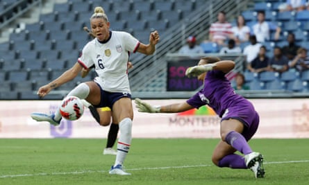 Trinity Rodman, scoring against Jamaica in July, is fast-rising and has been nominated for the Ballon d’Or Féminin.