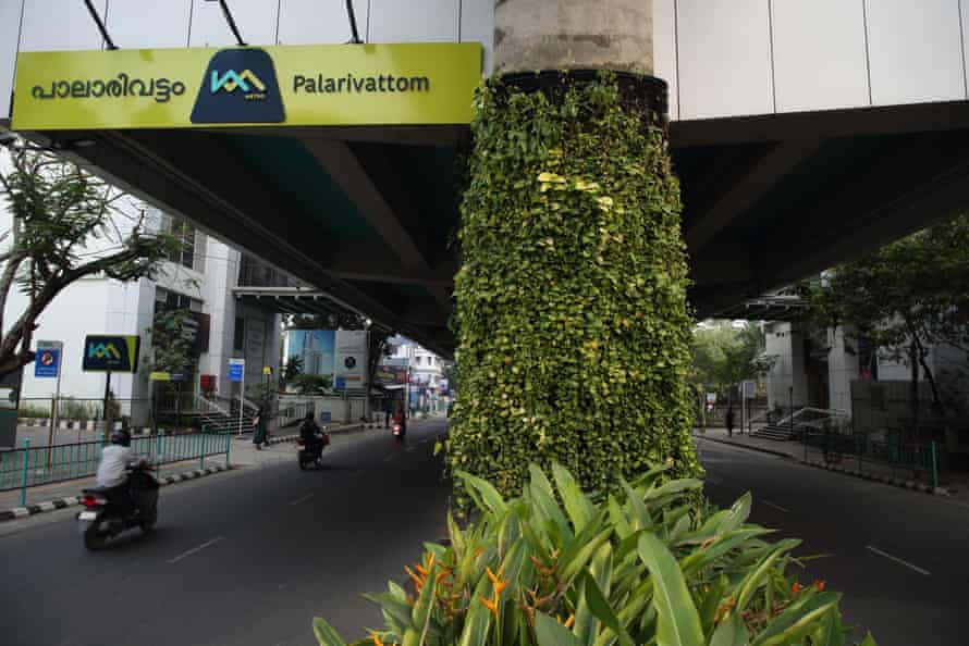 Plants are seen on the pillars of Palarivattom metro station in Kochi, Kerala