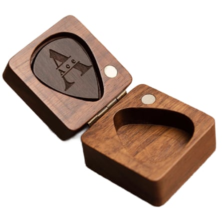 Personalised wooden guitar pick case with etched name design on front