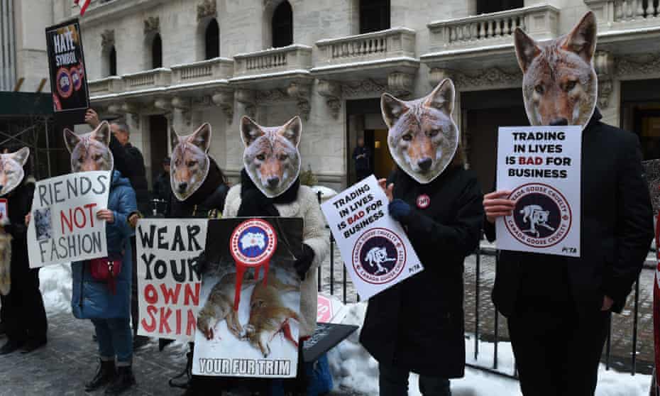 Animal rights campaigners protest against Canada Goose’s use of fur outside the New York stock exchange in 2017