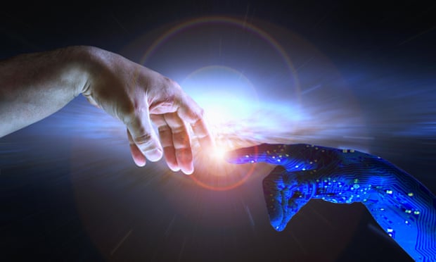 AI hand reaches towards a human hand as a spark of understanding technology reaches across to humanity