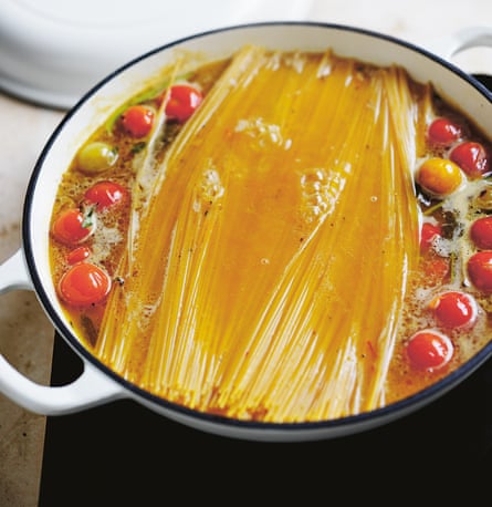 Use a heavy-based saucepan that’s wide enough to fit the pasta lengths whole
