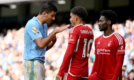 Rodri remonstrates with Nottingham Forest’s Morgan Gibbs-White