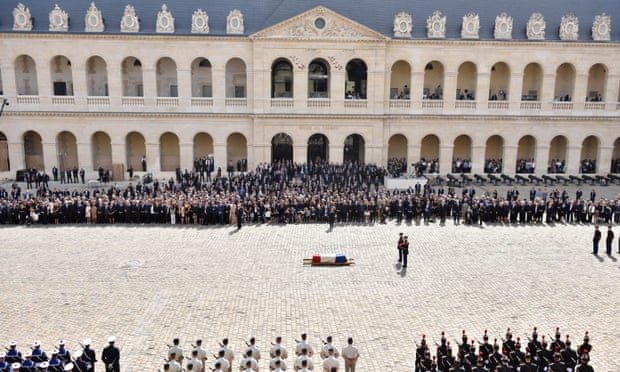 The flag-draped coffin of Simone Veil during a funeral ceremony in the courtyard of the Invalides in Paris on Wednesday.