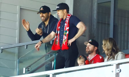 Ryan Reynolds and Rob McElhenney celebrate a goal for Wrexham