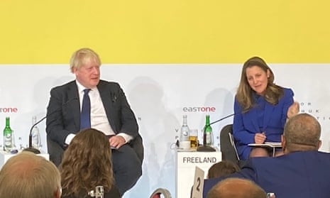 Boris Johnson appearing at a Breakfast for Ukraine meeting at the World Economic Forum in Davos.