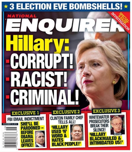 cover of a tabloid newspaper with a photo of a blonde woman and the text hillary corrupt racist criminal