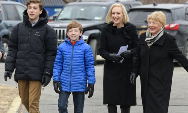 Kirsten Gillibrand with her sons, Theodore, left, Henry, second from left, and her mother Polly Rutnik on Wednesday, in Brunswick, NY.