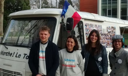 Matthieu Teachout, Violaine Pierre, Rachel-Flore Pardo and Valentin Somma with the En Marche! camper van in Saint-Quentin.