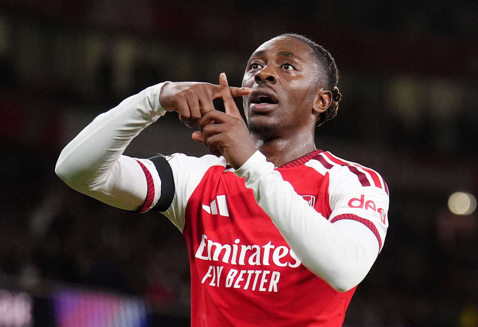 Eberechi Eze celebrates Arsenal's second goal against Lille on October 13, 2026